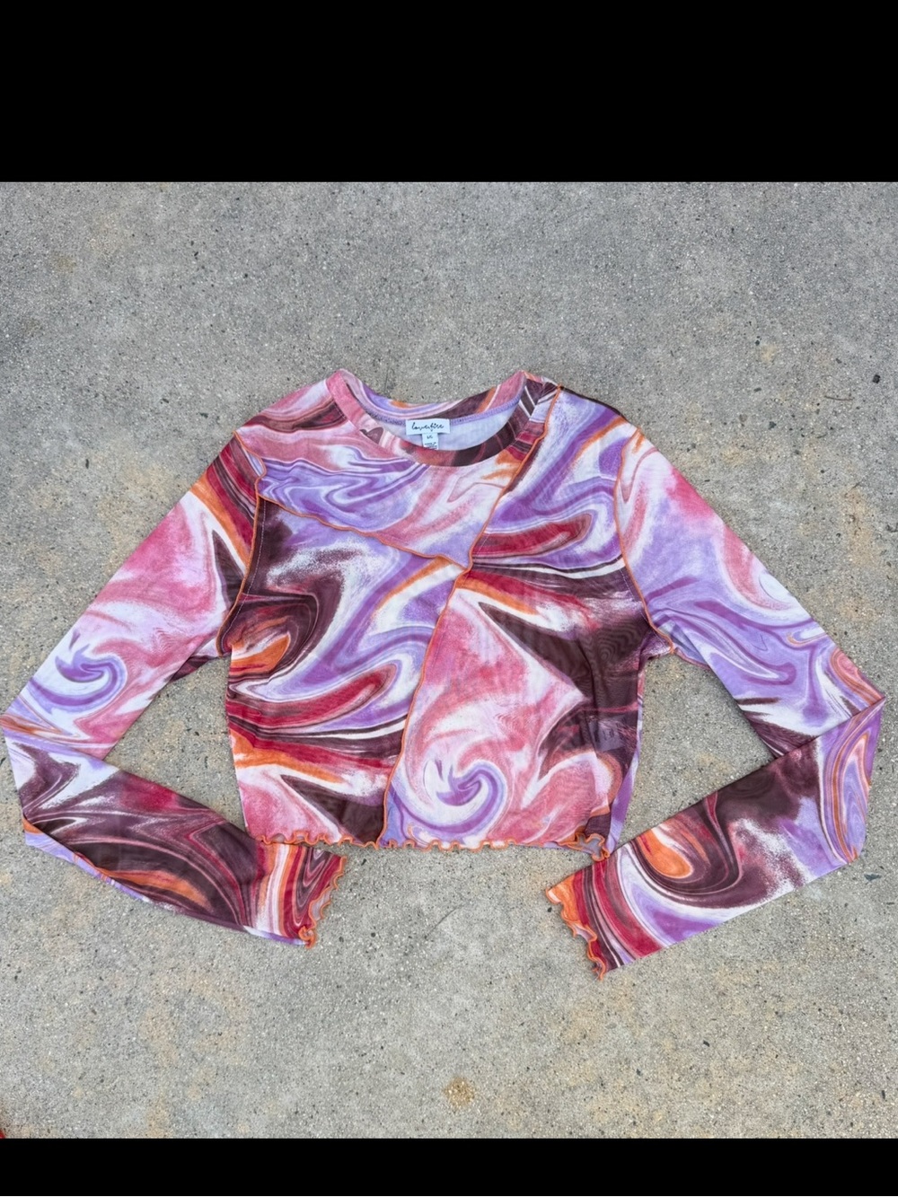 love, Fire Swirl-Print Long Sleeve Mesh Top Pink & Purple large preloved